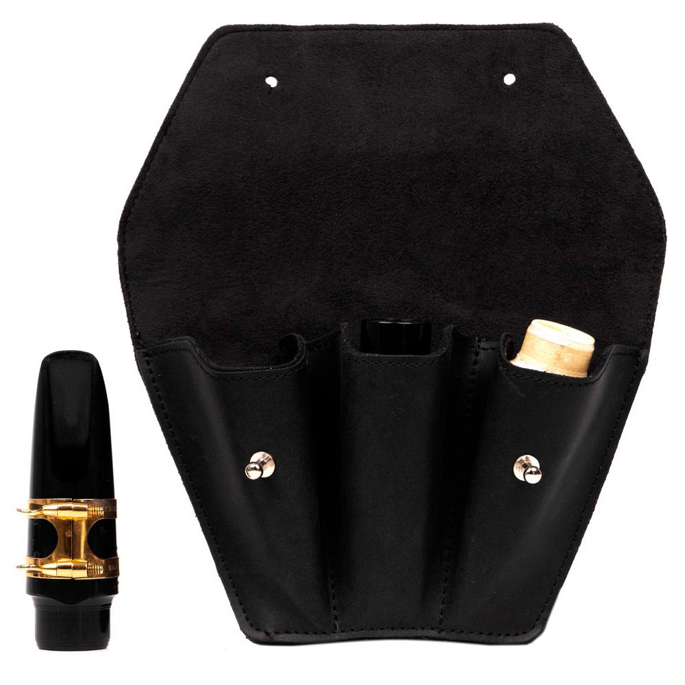 Triple Saxophone Mouthpiece Pouch Crazy Horse Leather Black — unfolded front view on white background