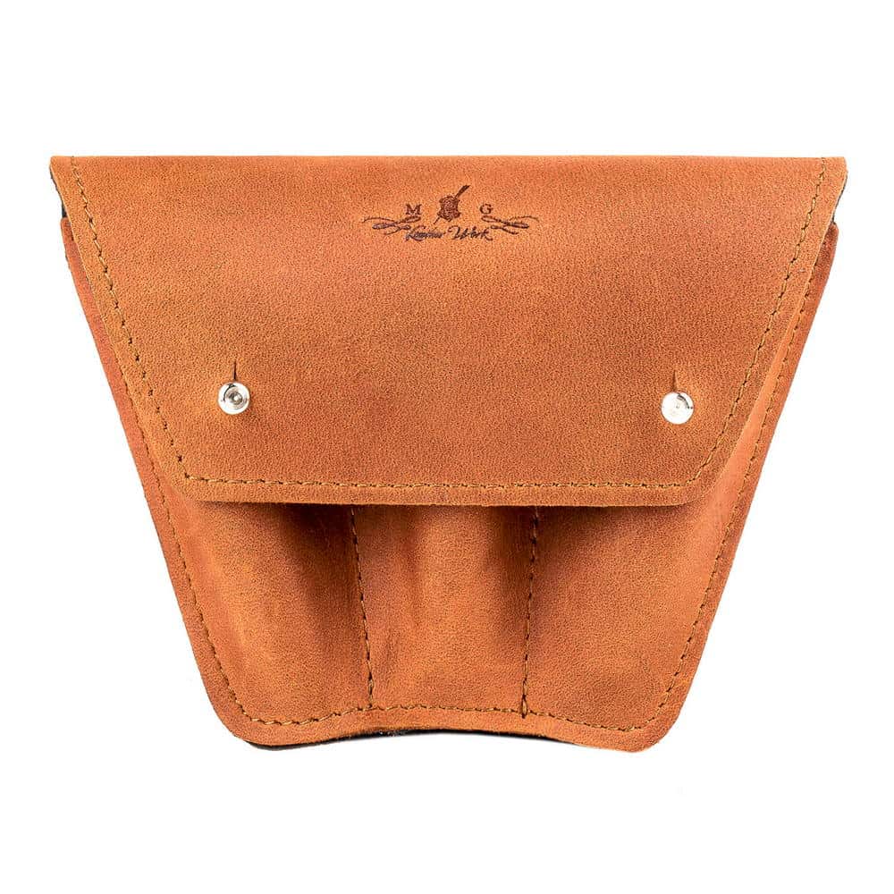 Triple trumpet mouthpiece holder in Crazy Horse leather — front panel on white background