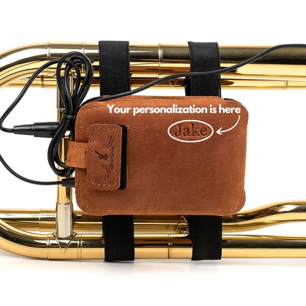 Trombone Leather Transmitter Holder With Initials Crazy Horse Front View