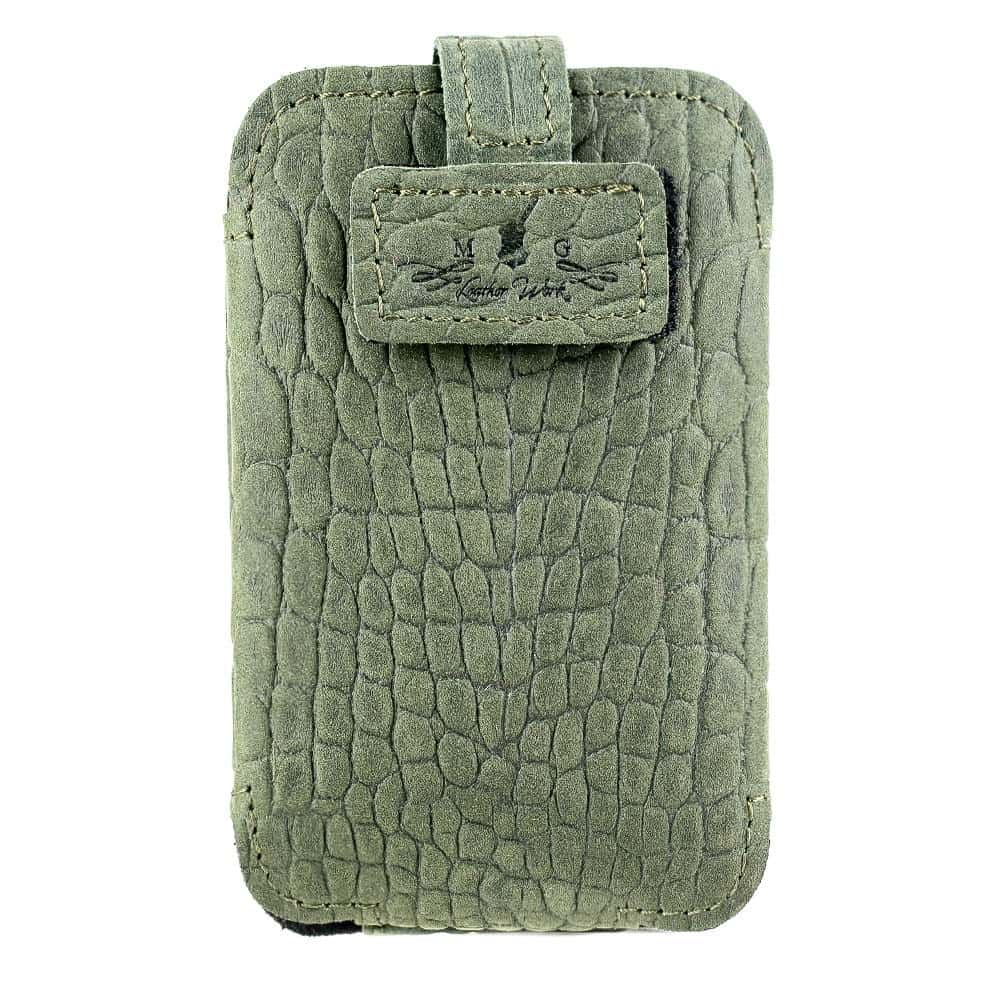 Trombone Leather Transmitter Pouch Green Reptile - Front View