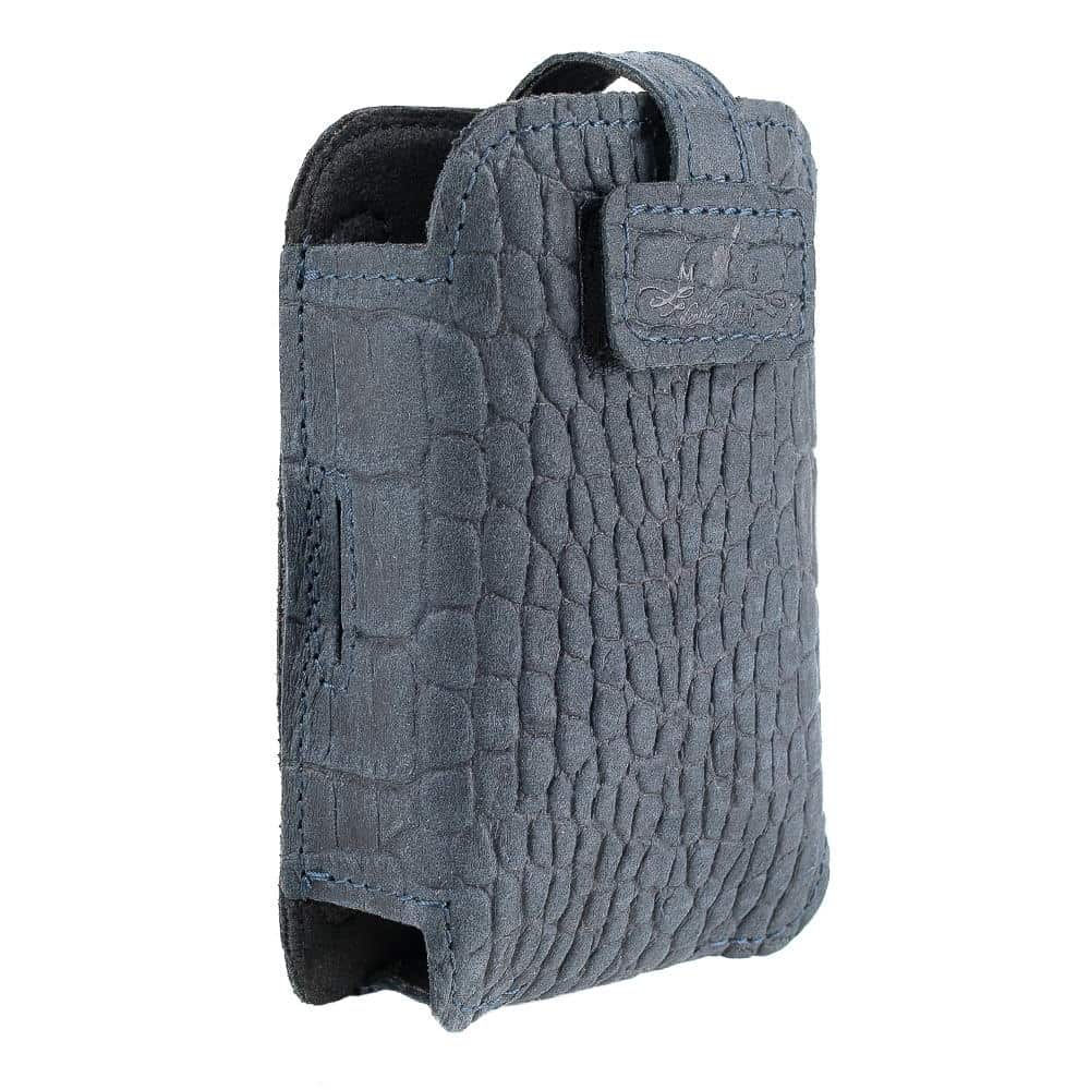Trombone Wireless Microphone Leather Bodypack Pouch Dark Blue Reptile - Side View