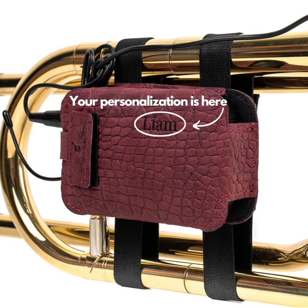 Trombone wireless microphone transmitter pouch in reptile embossed leather — personalized with embossed initials