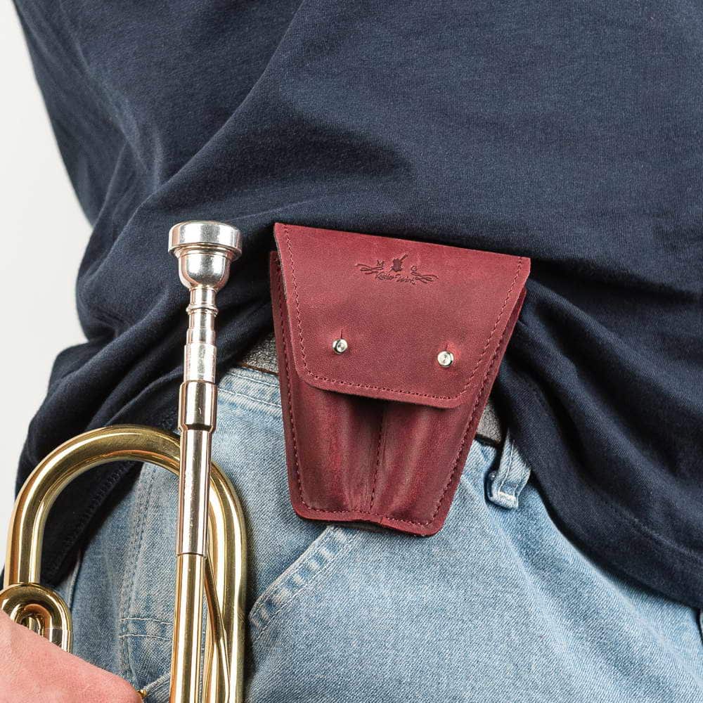 Trumpet double mouthpiece case in marsala Crazy Horse leather — attached on musician’s belt