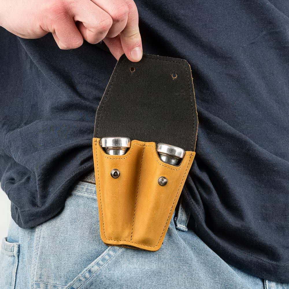 Trumpet double mouthpiece pouch in yellow Crazy Horse leather — open on musician’s belt