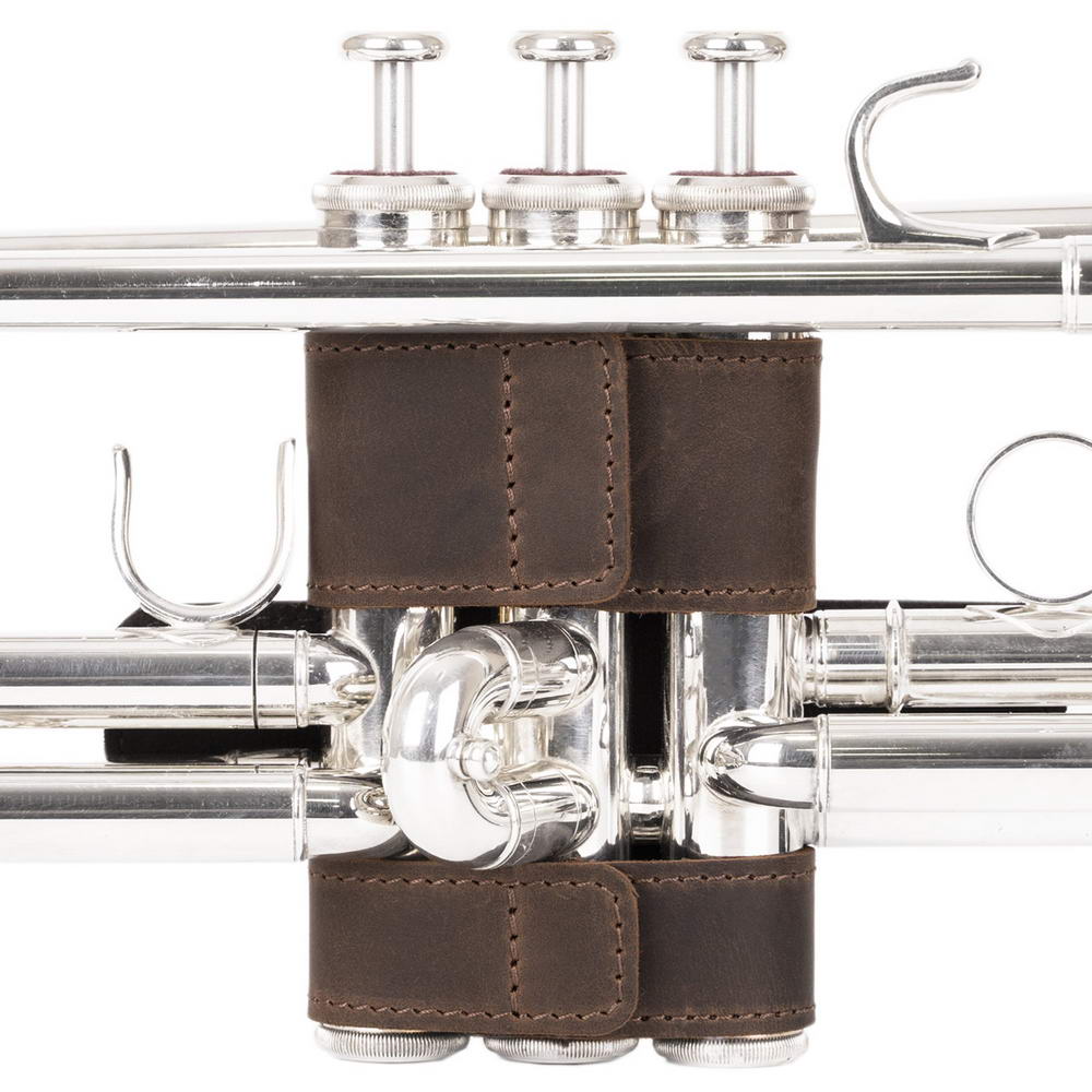 Trumpet Hand Guard L Brown Crazy Horse Leather — back view on trumpet