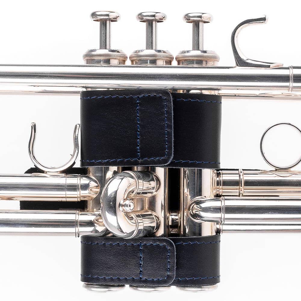 Trumpet Hand Guard L Detroit Leather Dark Blue — back side on trumpet