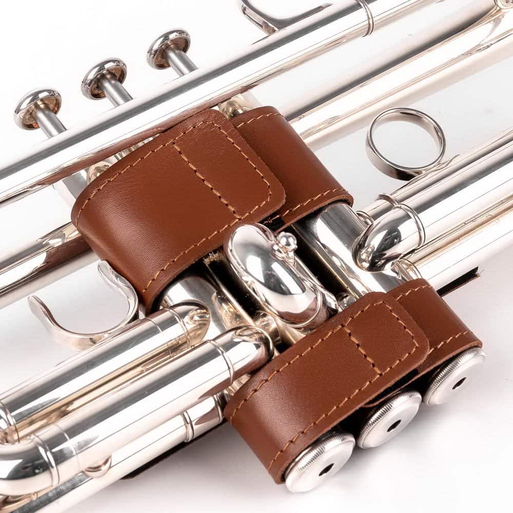 Trumpet Hand Guard L Detroit Leather Light Brown — angled back view on trumpet