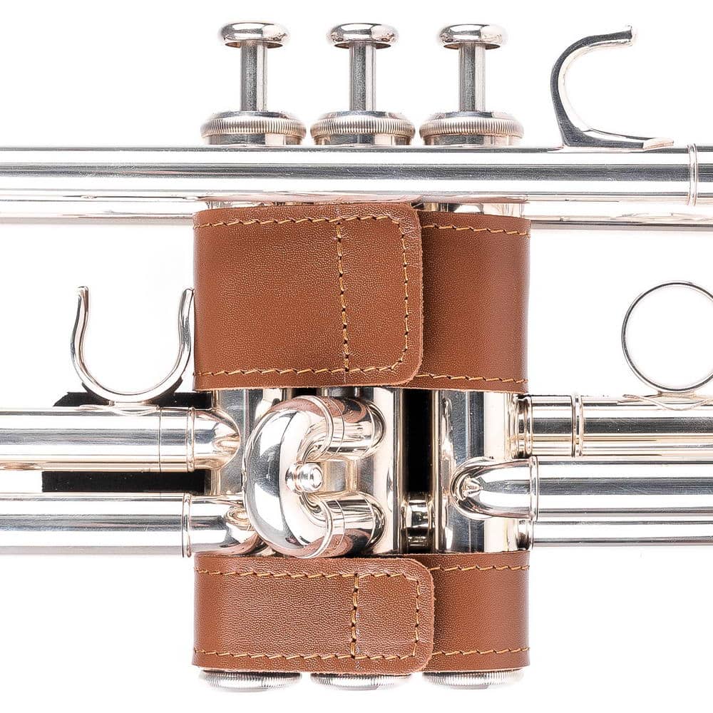 Trumpet Hand Guard L Detroit Leather Light Brown — rear angle on trumpet