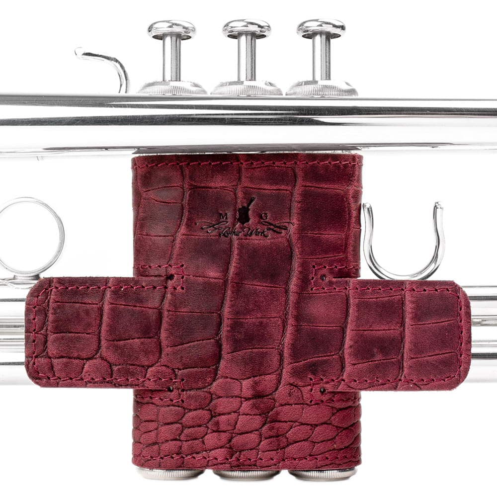 Front view of trumpet with Hand Guard L in Marsala Reptile leather