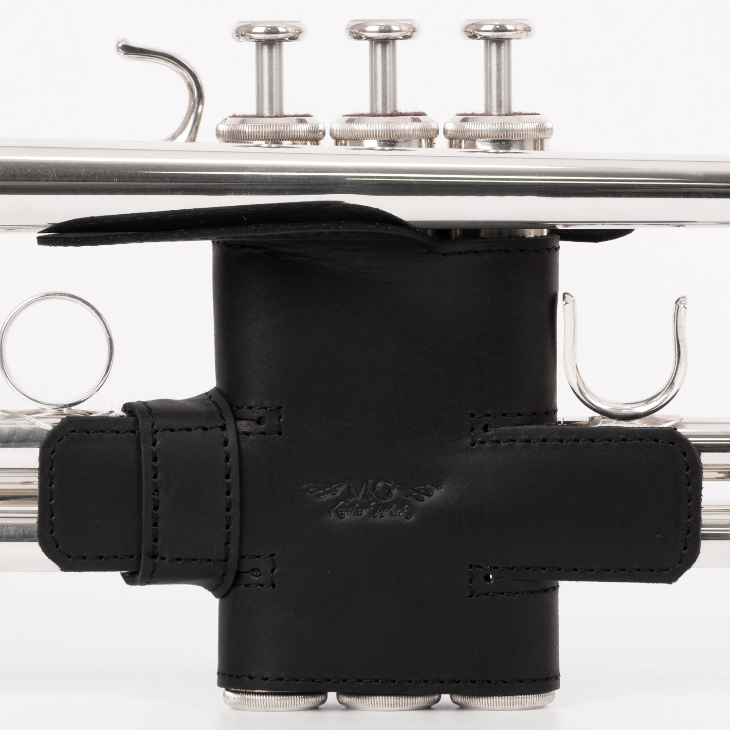 Front side of trumpet featuring Hand Guard XL in Black Crazy Horse leather