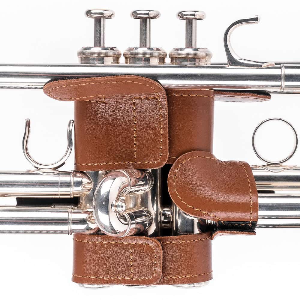 Trumpet Hand Guard XL Detroit Leather Light Brown — back side on trumpet