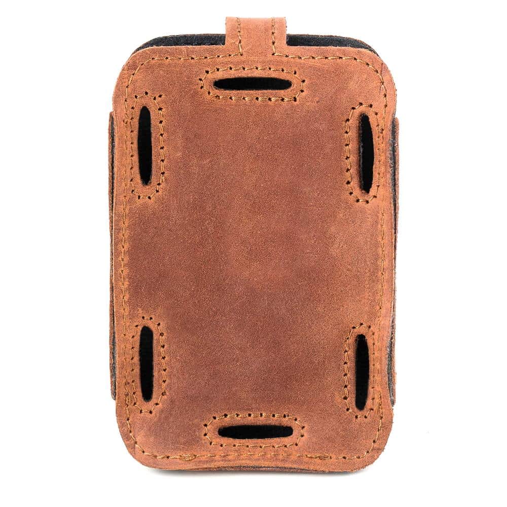 Back view of a leather microphone pouch with elastic straps for trumpet mounting.