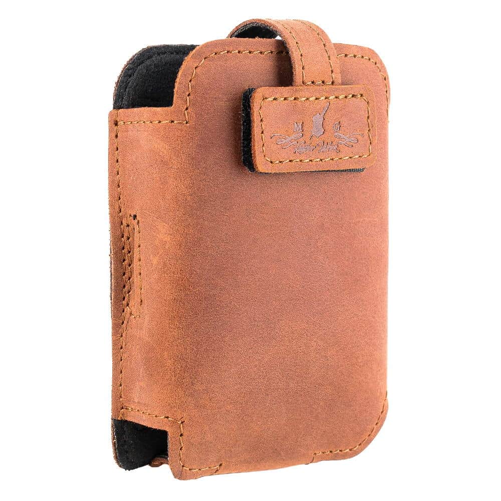 Close-up front view of personalized leather microphone pouch on trumpet.