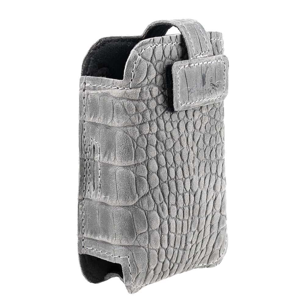 Trumpet Transmitter Leather Holder Grey Reptile Side View