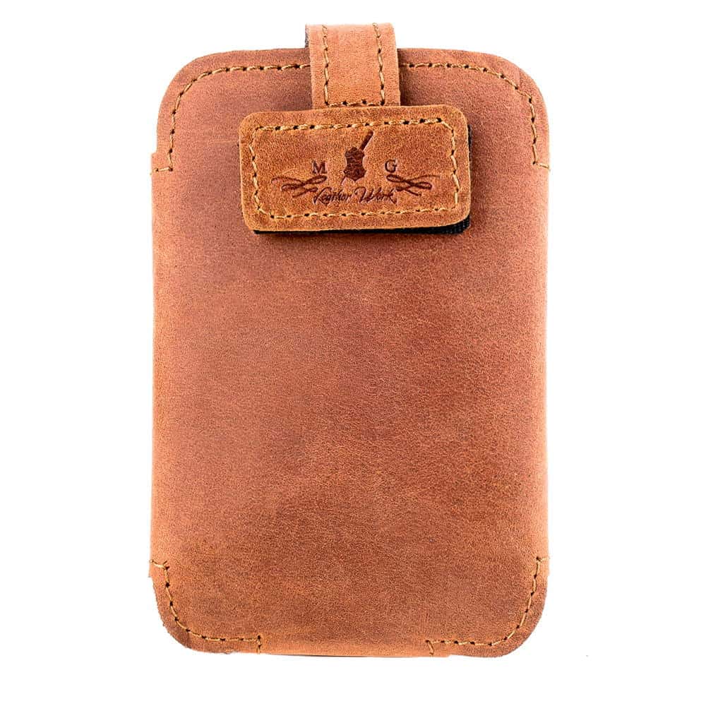 Front view of a personalized leather microphone pouch with the name “Jake.”