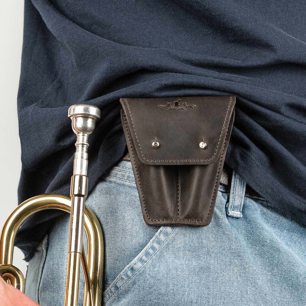 Trumpet Mouthpiece Case Double Crazy Horse Leather Brown — attached to belt on person