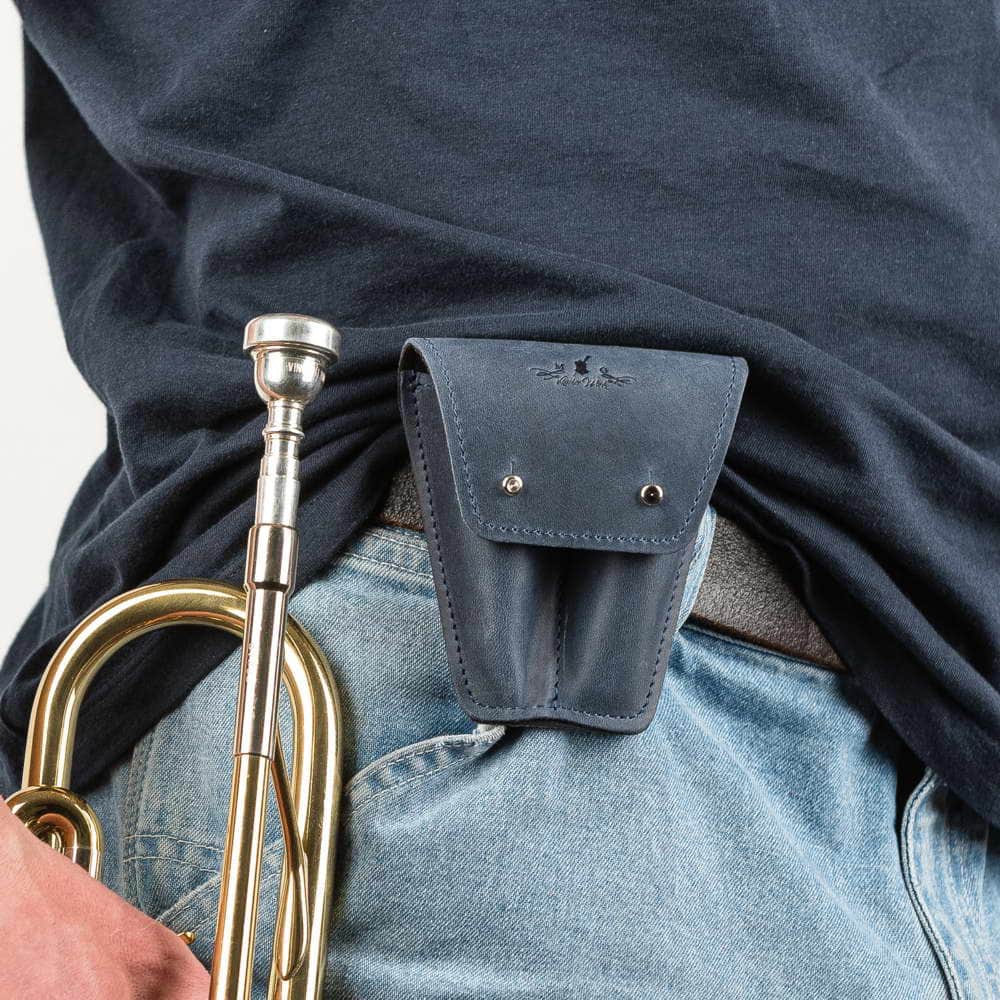 Trumpet Mouthpiece Case Double Crazy Horse Leather Dark Blue — attached to belt on musician