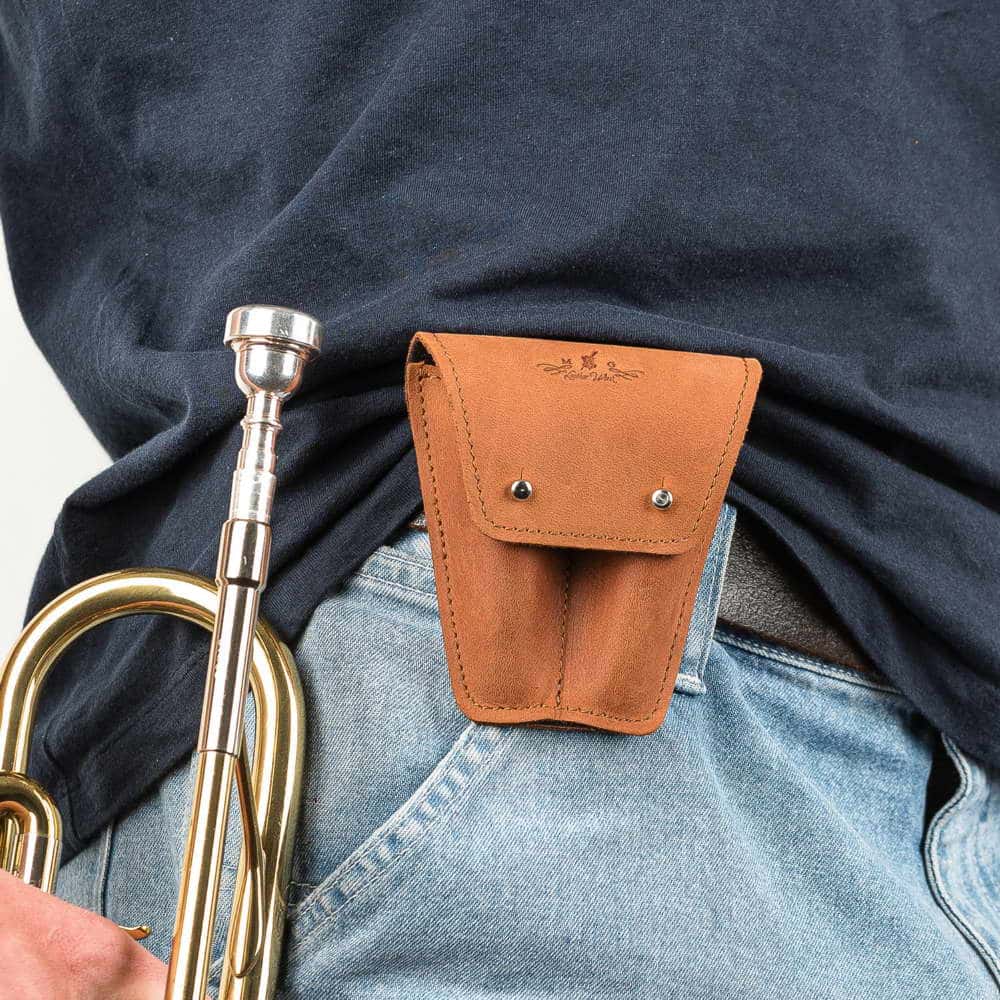 Trumpet Mouthpiece Case Double Crazy Horse Leather Light Brown — attached to belt on person