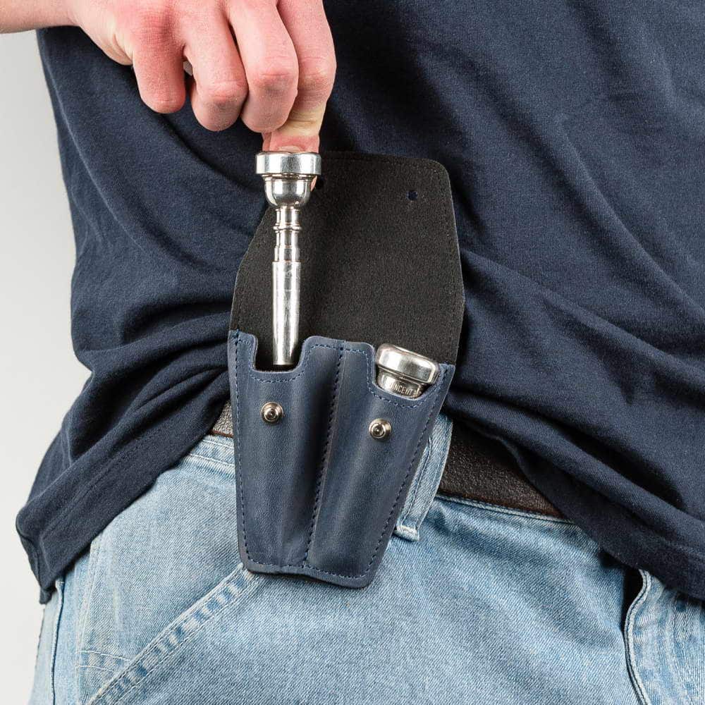 Trumpet Mouthpiece Holder Double Crazy Horse Leather Dark Blue — musician removing mouthpiece
