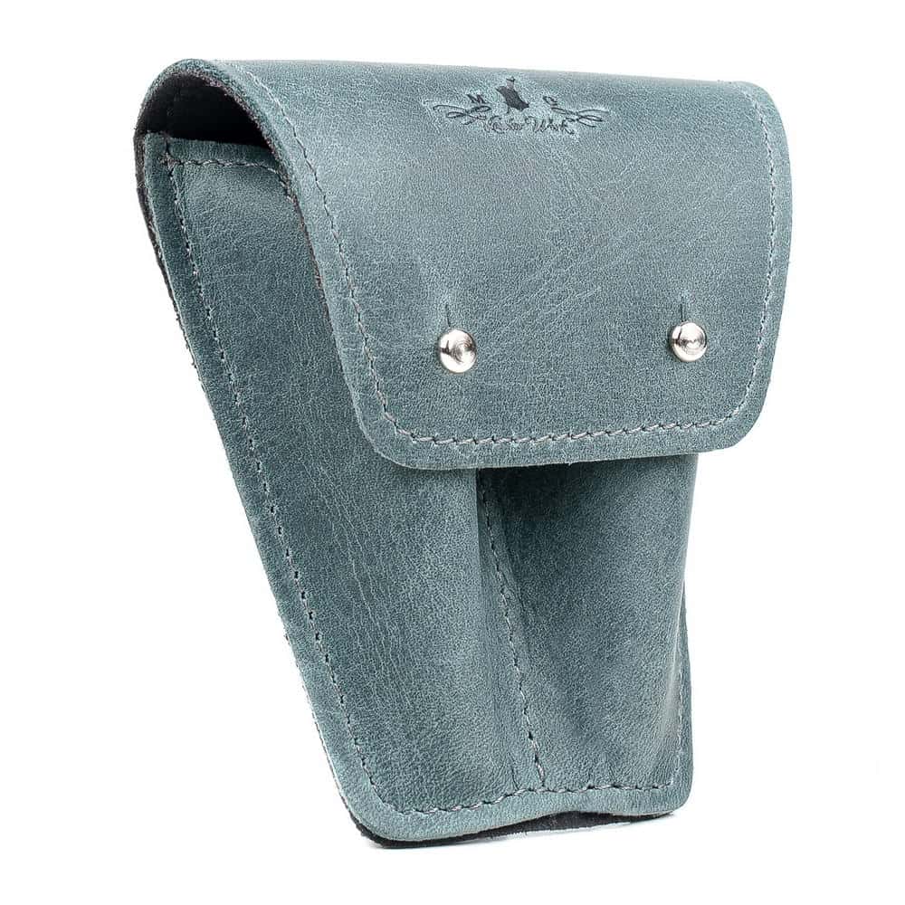Trumpet Mouthpiece Holder Double Crazy Horse Leather Gray — angled view on white background