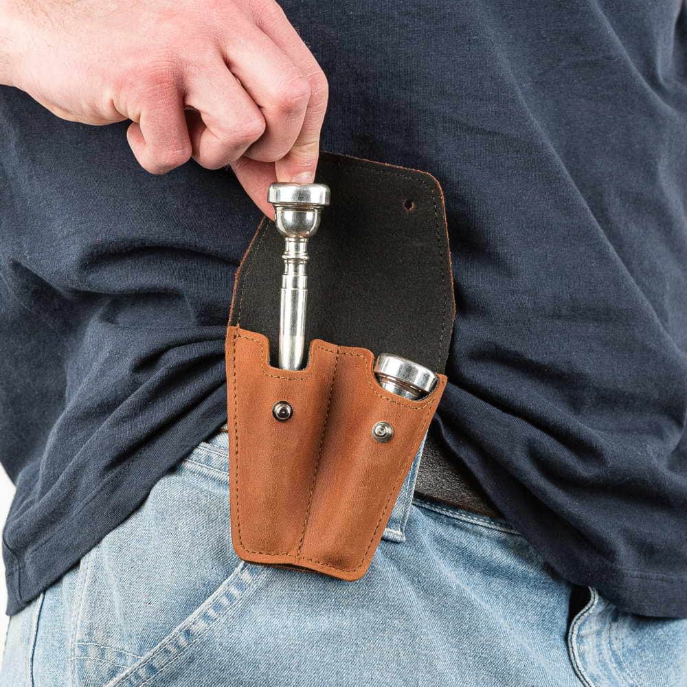 Trumpet Mouthpiece Holder Double Crazy Horse Leather Light Brown — musician removing mouthpiece