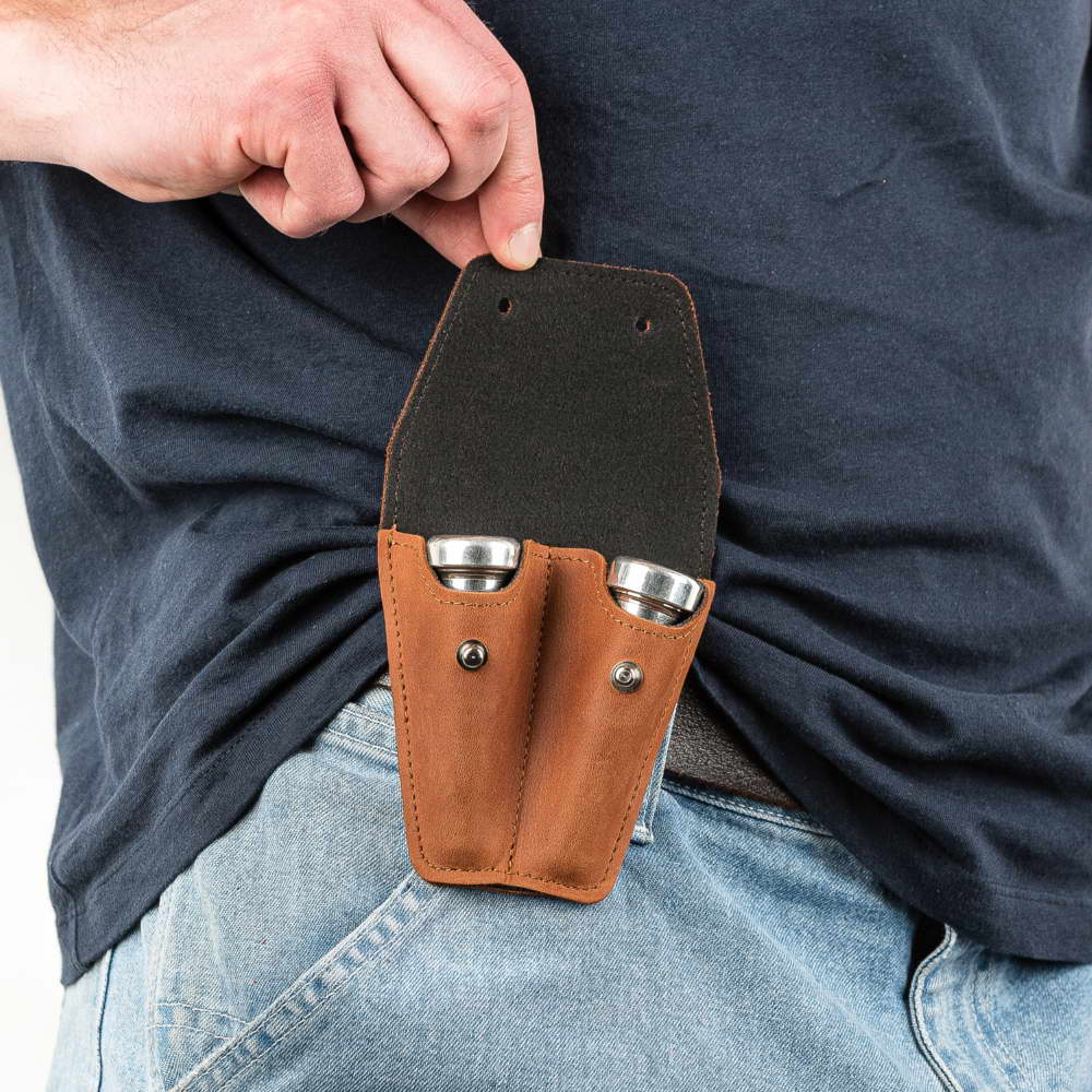 Trumpet Mouthpiece Pouch Double Crazy Horse Leather Light Brown — open on belt, shown on person