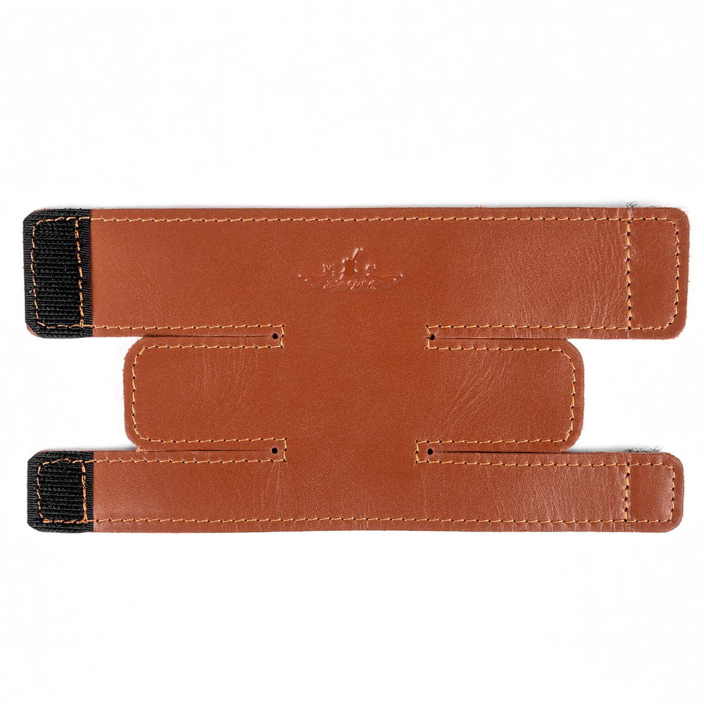 Trumpet Valve Cover L Detroit Leather Light Brown — unfolded leather guard, front side on white