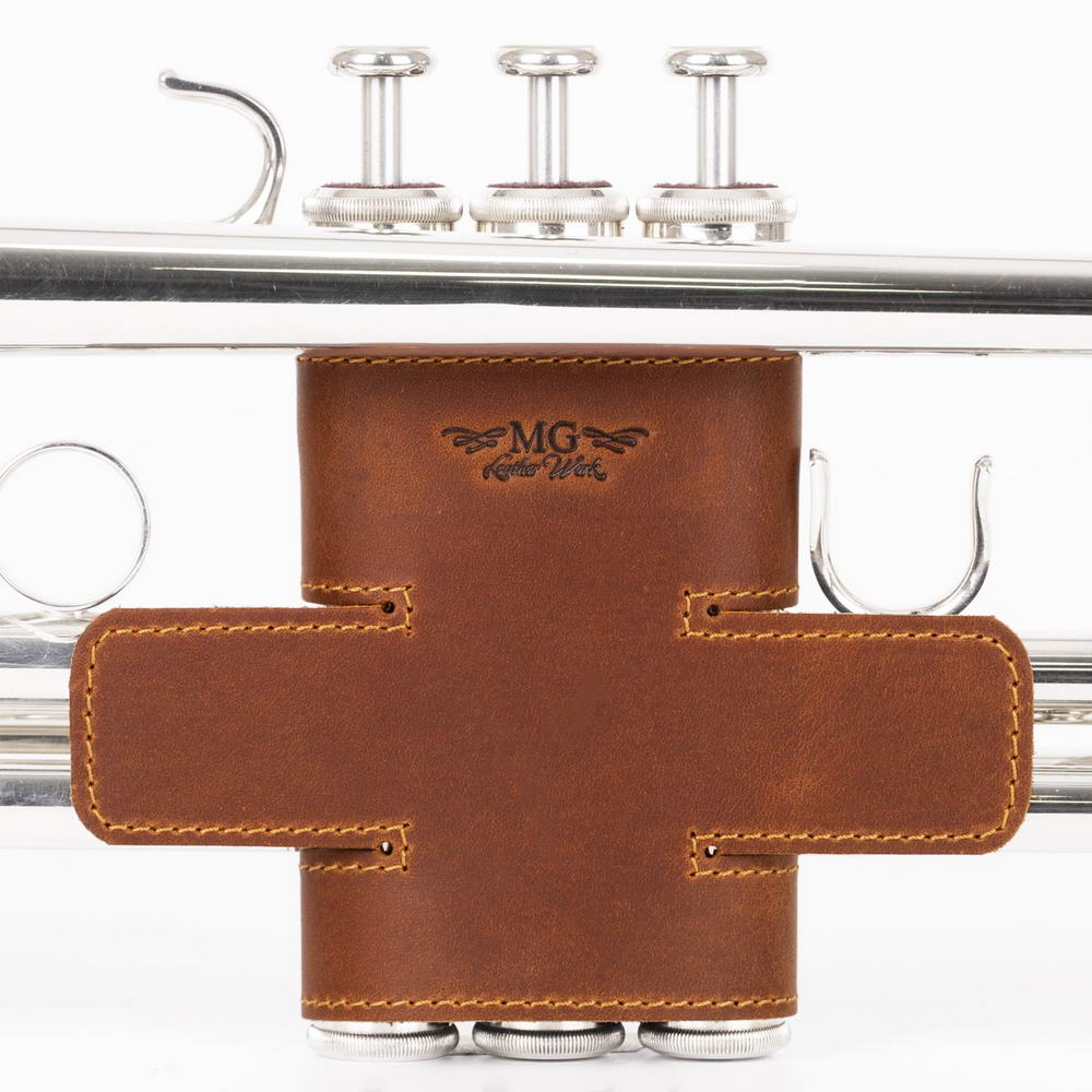 Front view of Trumpet Valve Cover L in Light Brown Crazy Horse Leather