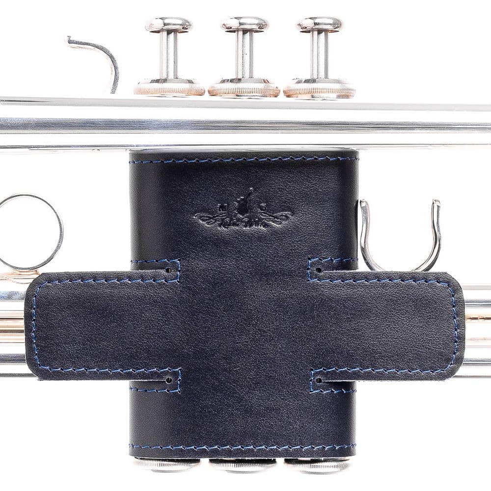 Trumpet Valve Guard L Detroit Leather Dark Blue — front view on trumpet
