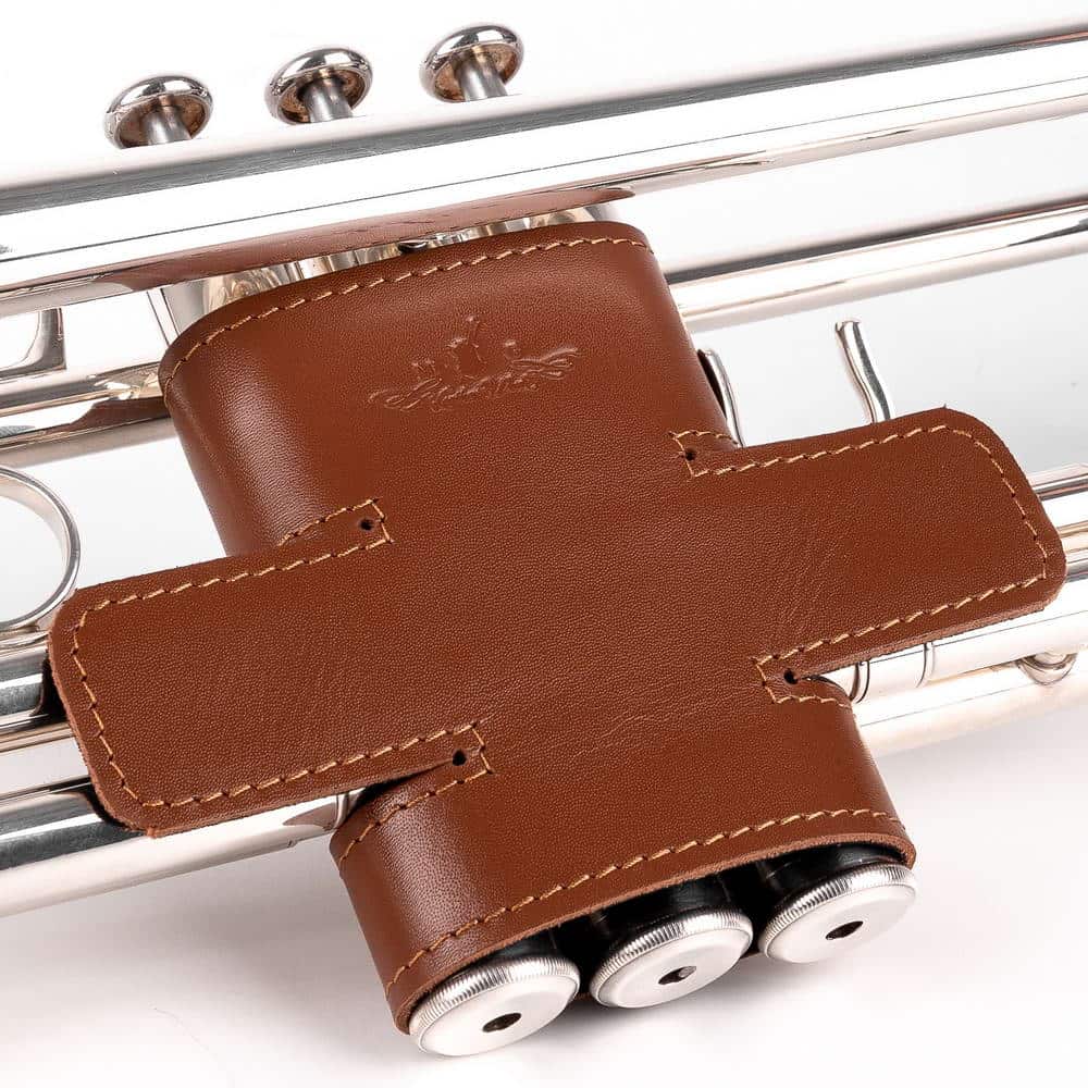 Trumpet Valve Guard L Detroit Leather Light Brown — angled view on trumpet