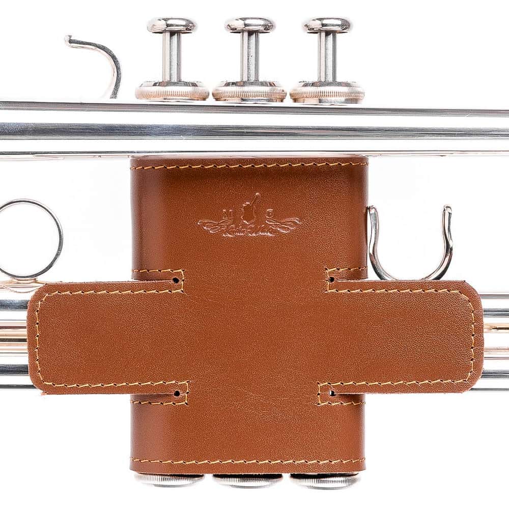 Trumpet Valve Guard L Detroit Leather Light Brown — shown on trumpet from the front