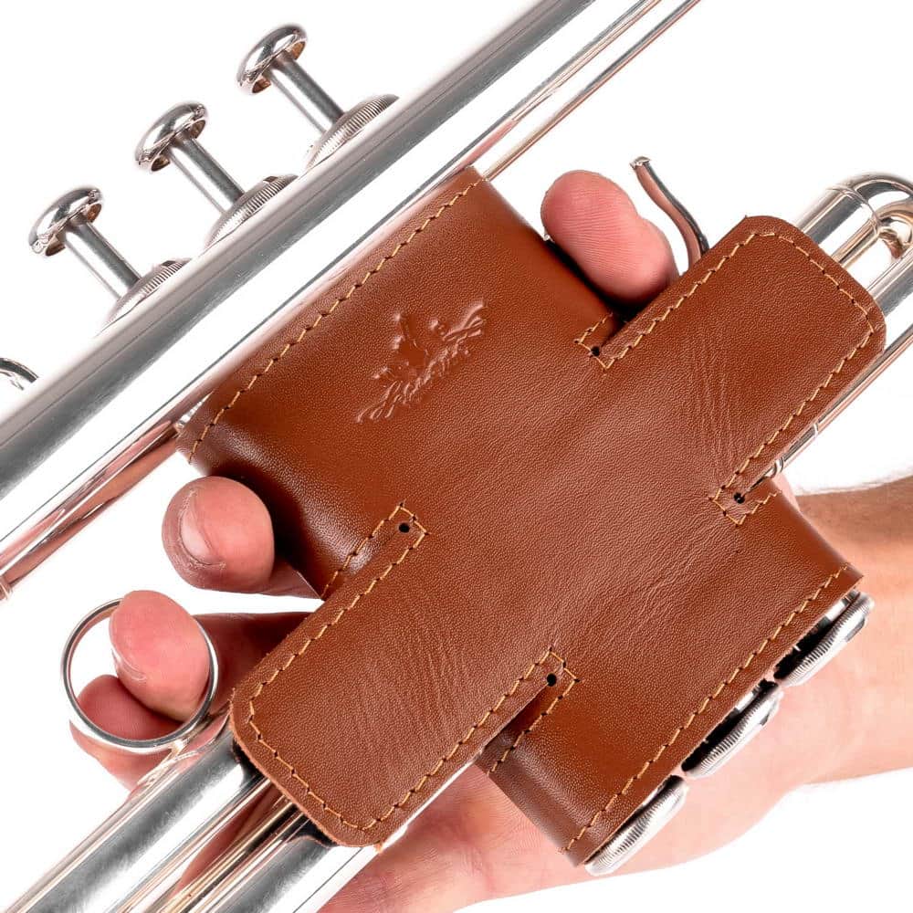 Trumpet Valve Guard L Detroit Leather Light Brown — angled view held in hand