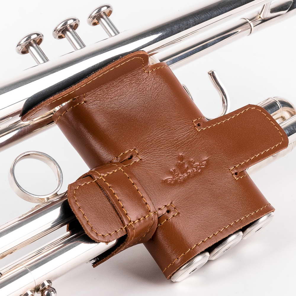 Trumpet Valve Guard XL Detroit Leather Light Brown — angled front view on trumpet