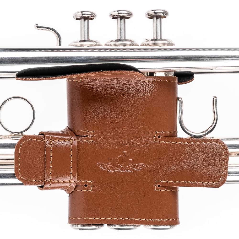 Trumpet Valve Guard XL Detroit Leather Light Brown — front view on trumpet