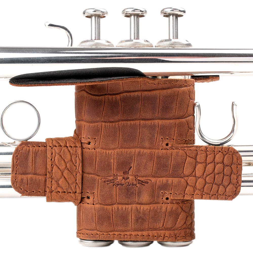 Trumpet Valve Guard XL Reptile Leather Light Brown — shown from the front on trumpet
