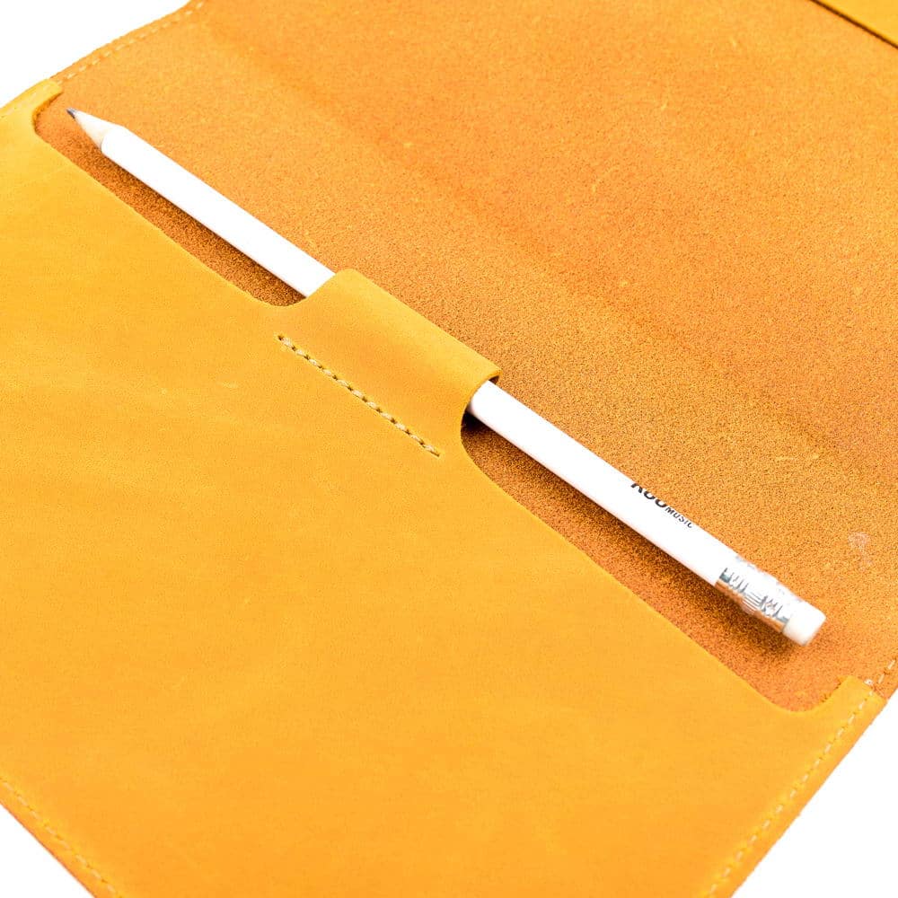 Yellow A5 Leather Notebook With Pencil Holder