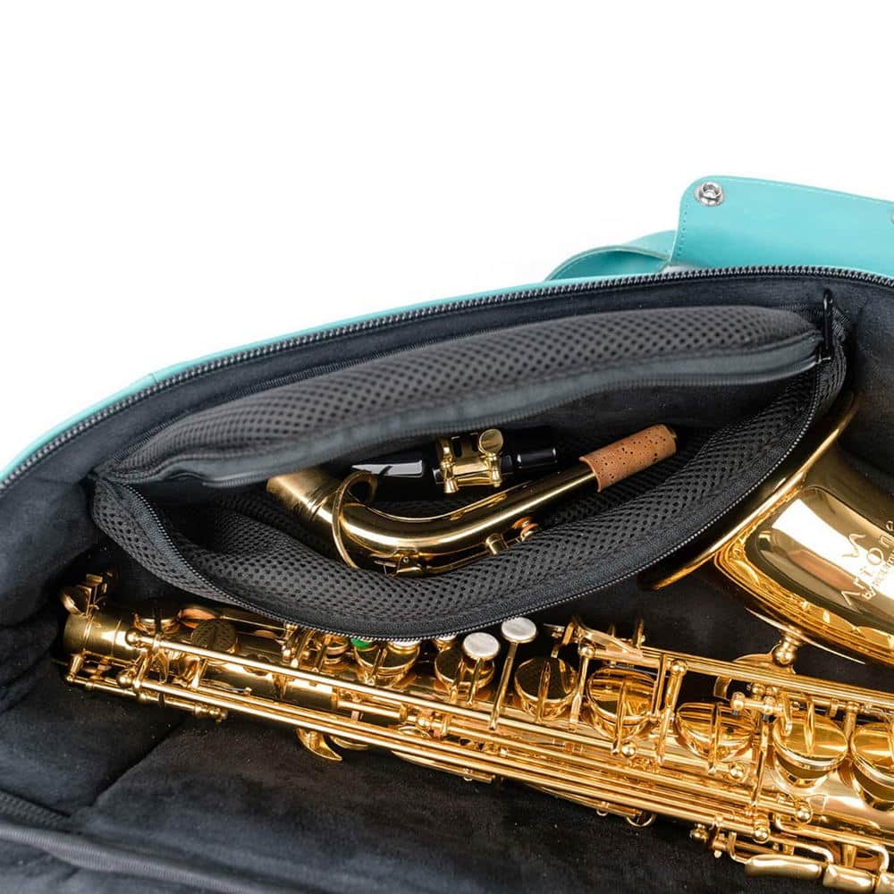 Close-up of the open internal pocket in the Alto Saxophone Gig Bag in Tiffany Crazy Horse leather, with Neck and Mouthpiece