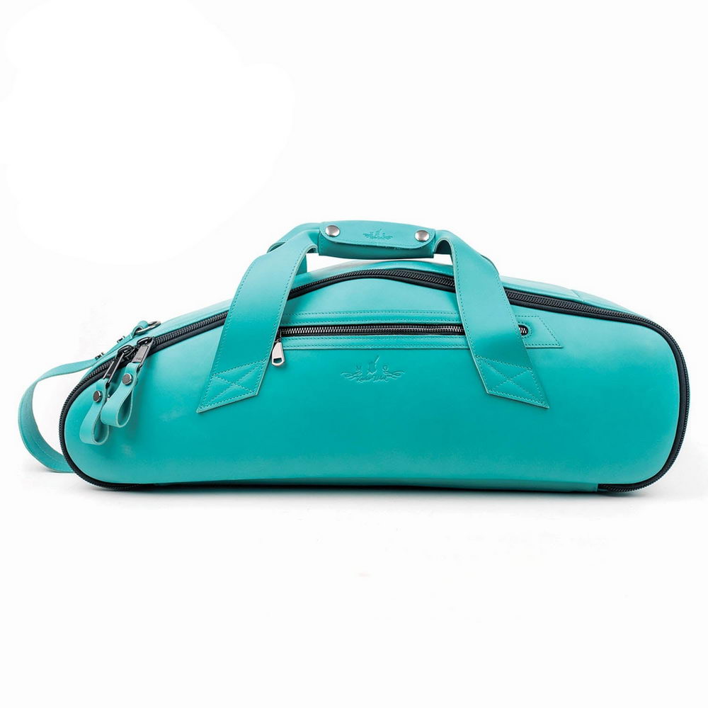 Front view of the MG Leather Work Alto Saxophone Gig Bag in Tiffany Crazy Horse leather, with pocket and handles. 