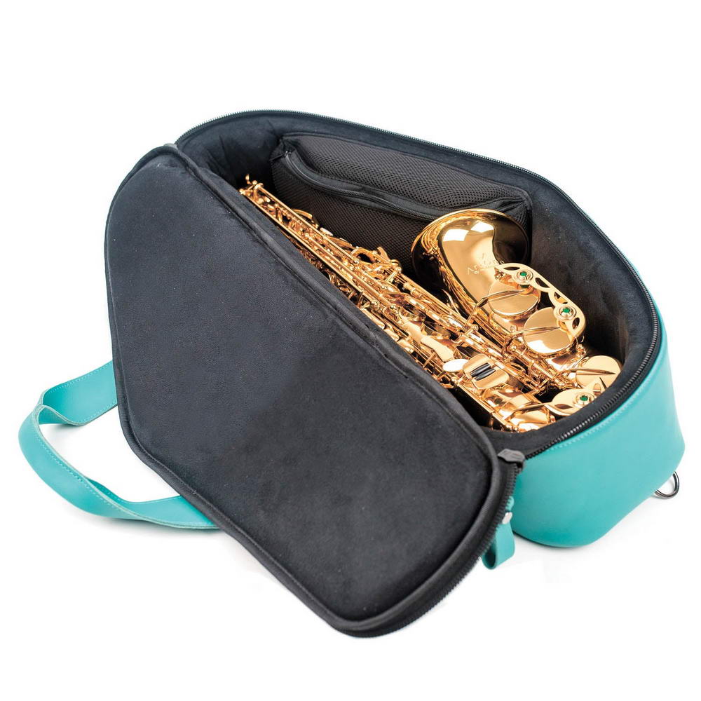 Open view of the Alto Saxophone Gig Bag in Tiffany Crazy Horse leather, with saxophone and accessories inside. 
