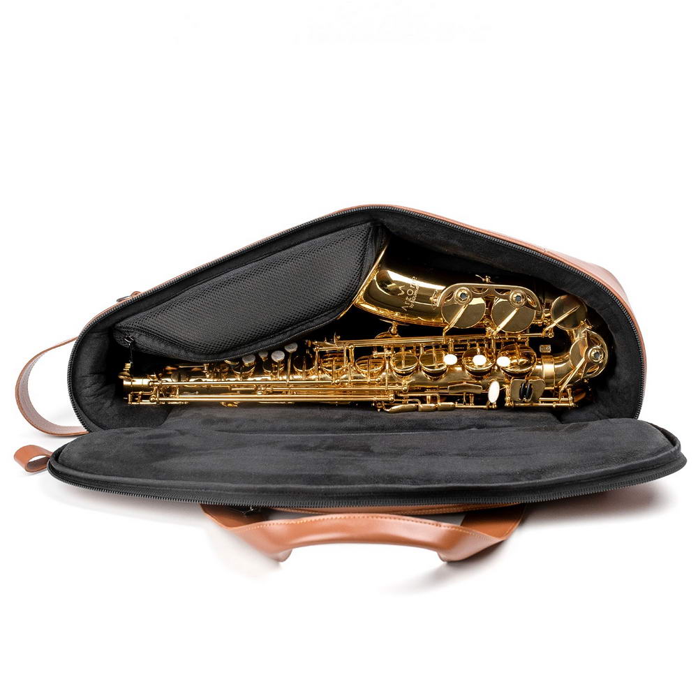 Open view of Alto Sax Case in Light Brown Detroit Leather, showing sax compartment and internal pocket for neck/mouthpiece.