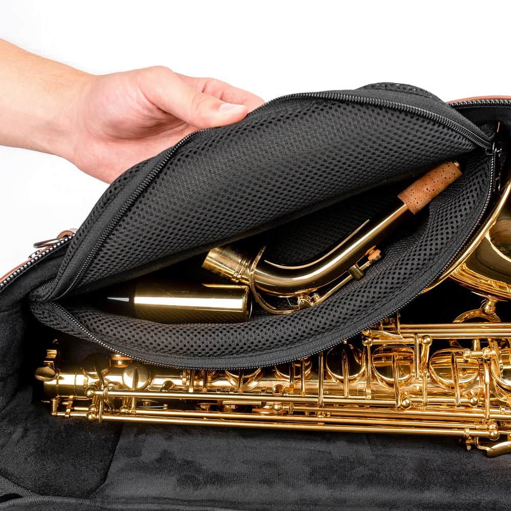 Close-up of internal pocket in Light Brown Detroit Leather Alto Sax Case, with Neck and Mouthpiece 