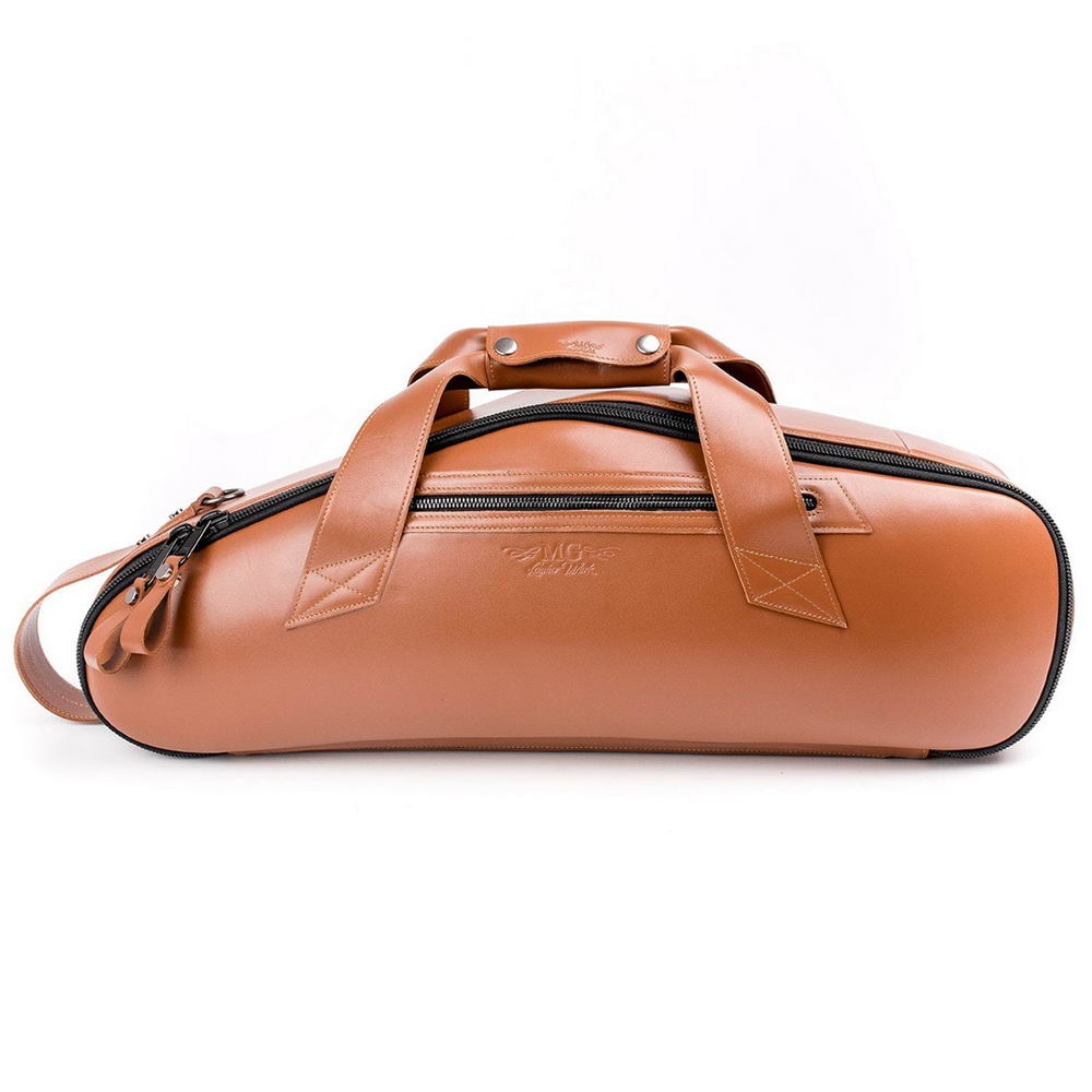 Front view of Alto Saxophone Gig Bag in Light Brown Detroit Leather, with side pocket, horizontal and vertical handles. 