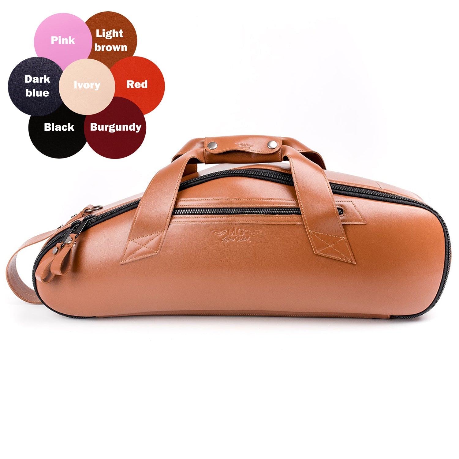 Front view of Alto Saxophone Gig Bag in Light Brown Detroit Leather, with side pocket, horizontal and vertical handles. 