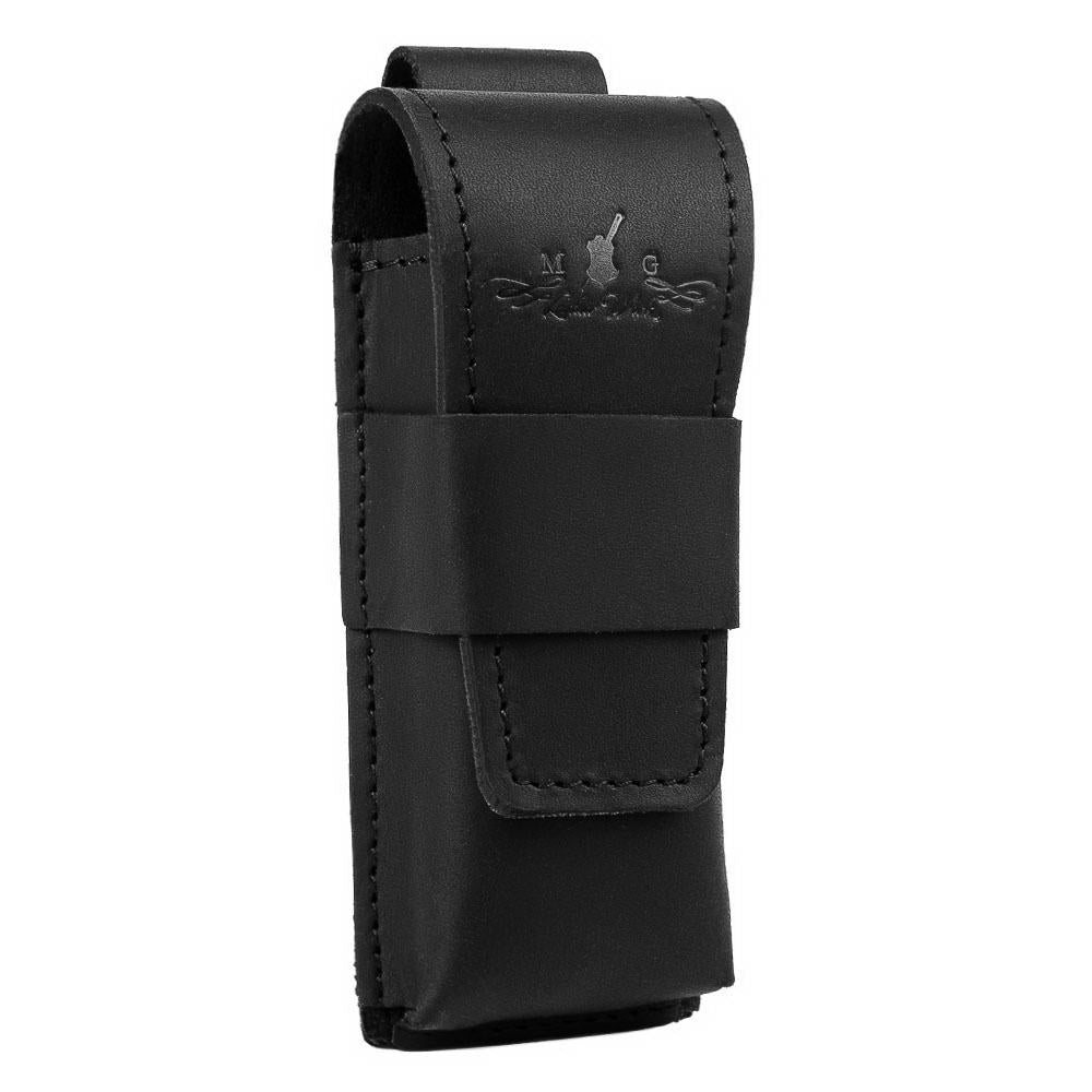 Angled view of black Crazy Horse leather harmonica holster with snap.