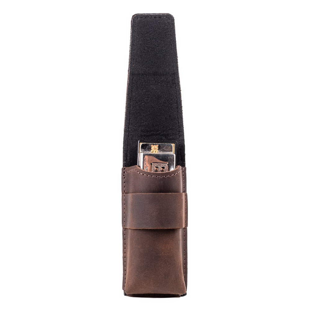 Brown leather harmonica case with harmonica inside, open for display.