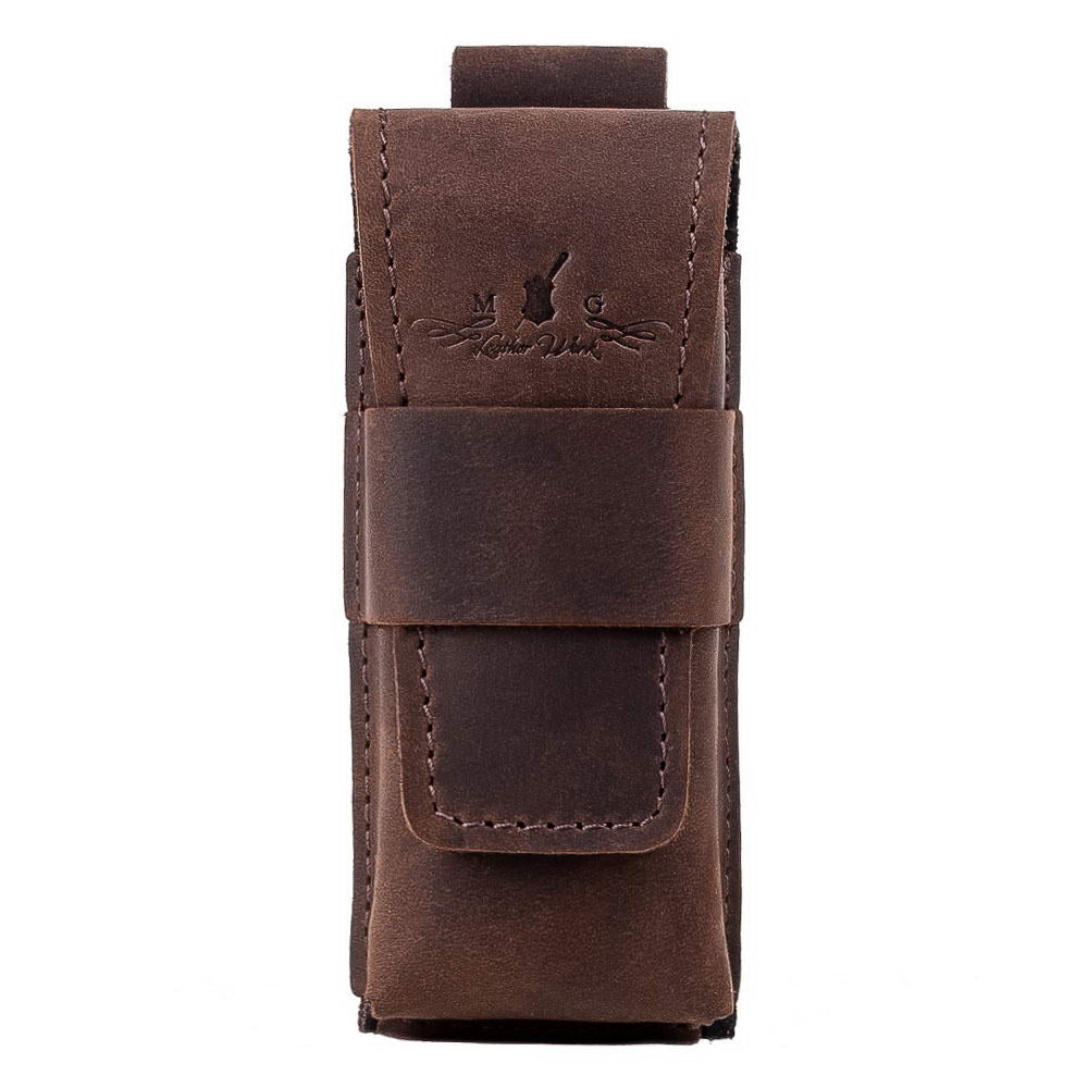 Front view of brown Crazy Horse leather harmonica case with embossed logo.