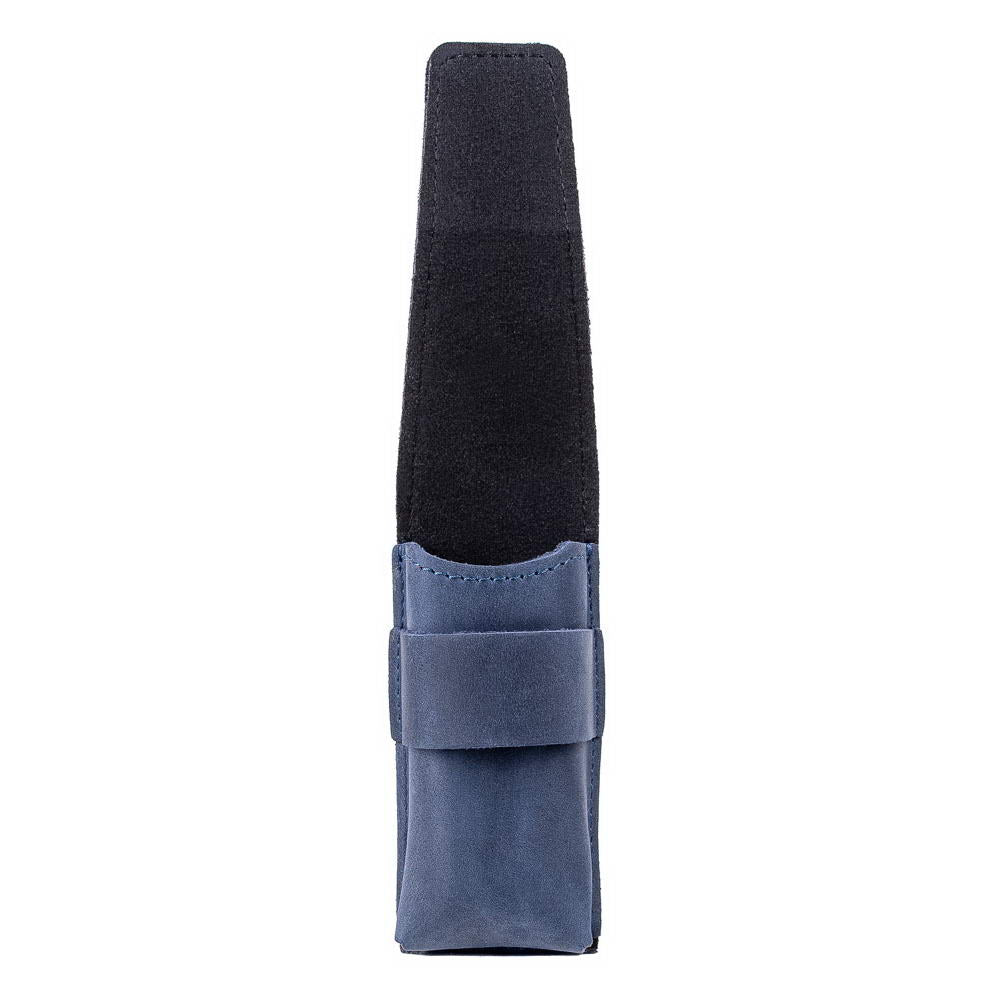 Side view of dark blue harmonica holder with flap open showing interior.