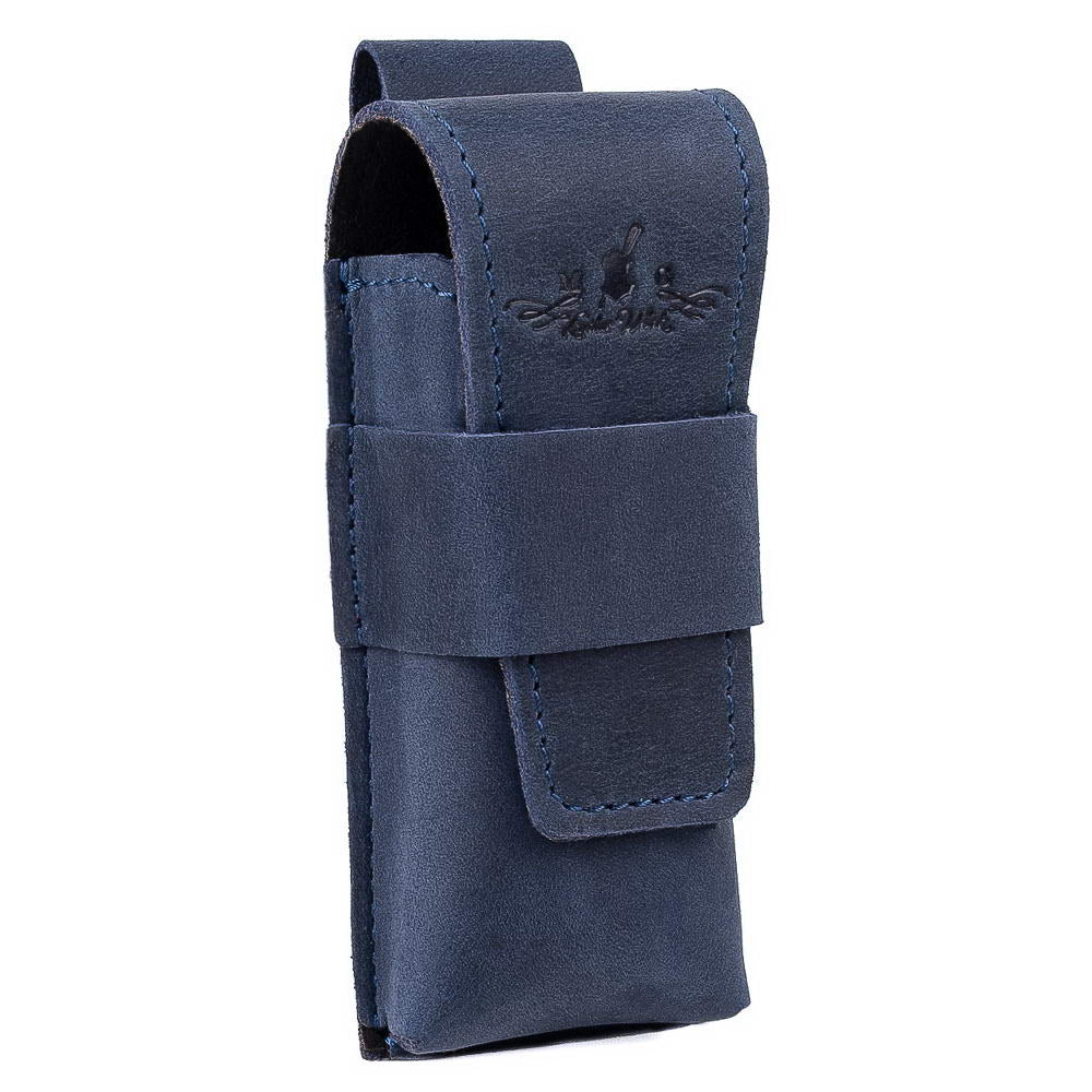 Angled view of dark blue leather harmonica holster with snap clasp.