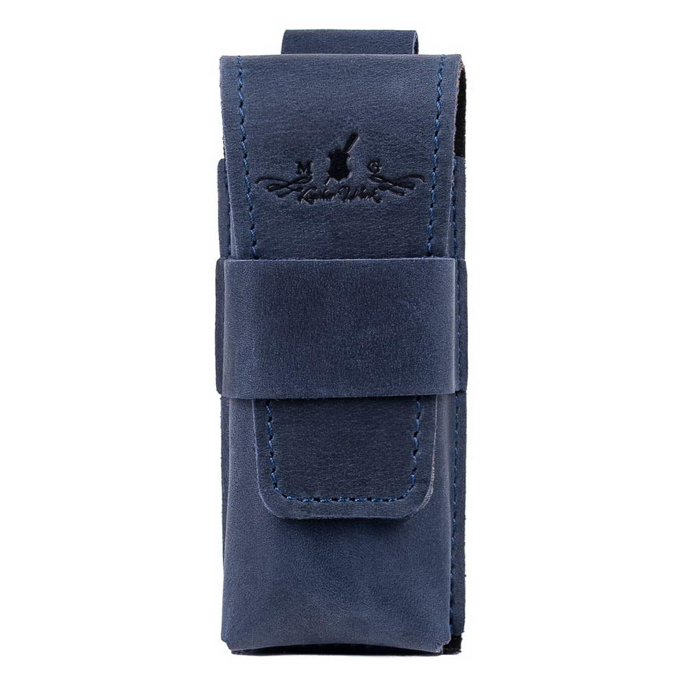 Front shot of dark blue harmonica case made from Crazy Horse leather.