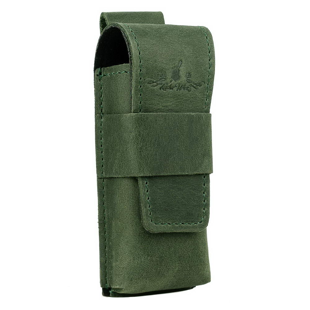 Angled front view of green harmonica leather holster with snap clasp.
